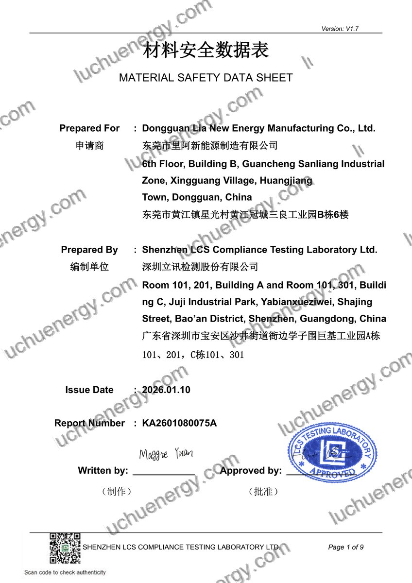 MSDS (Material Safety Data Sheet) — 3.2V 30Ah Cell MSDS
